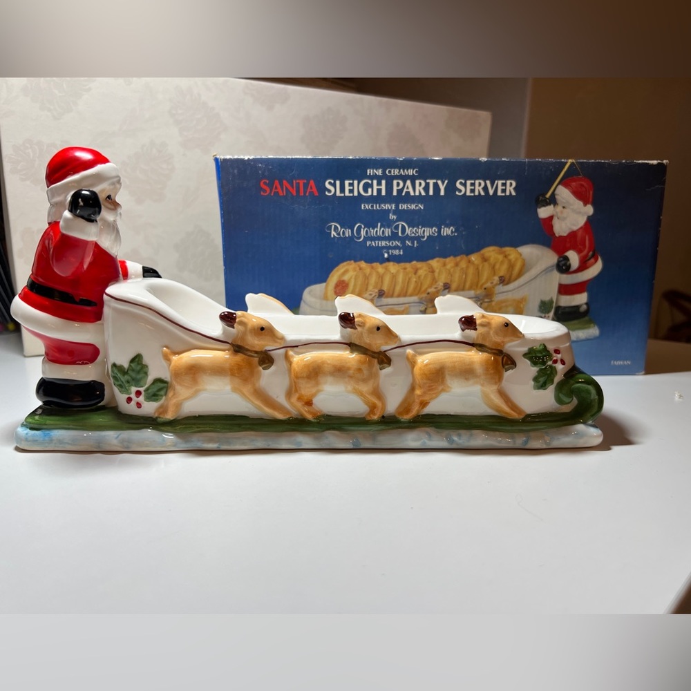 1984 Ron Gordon Designs Ceramic Santa Christmas Sleigh Party Server